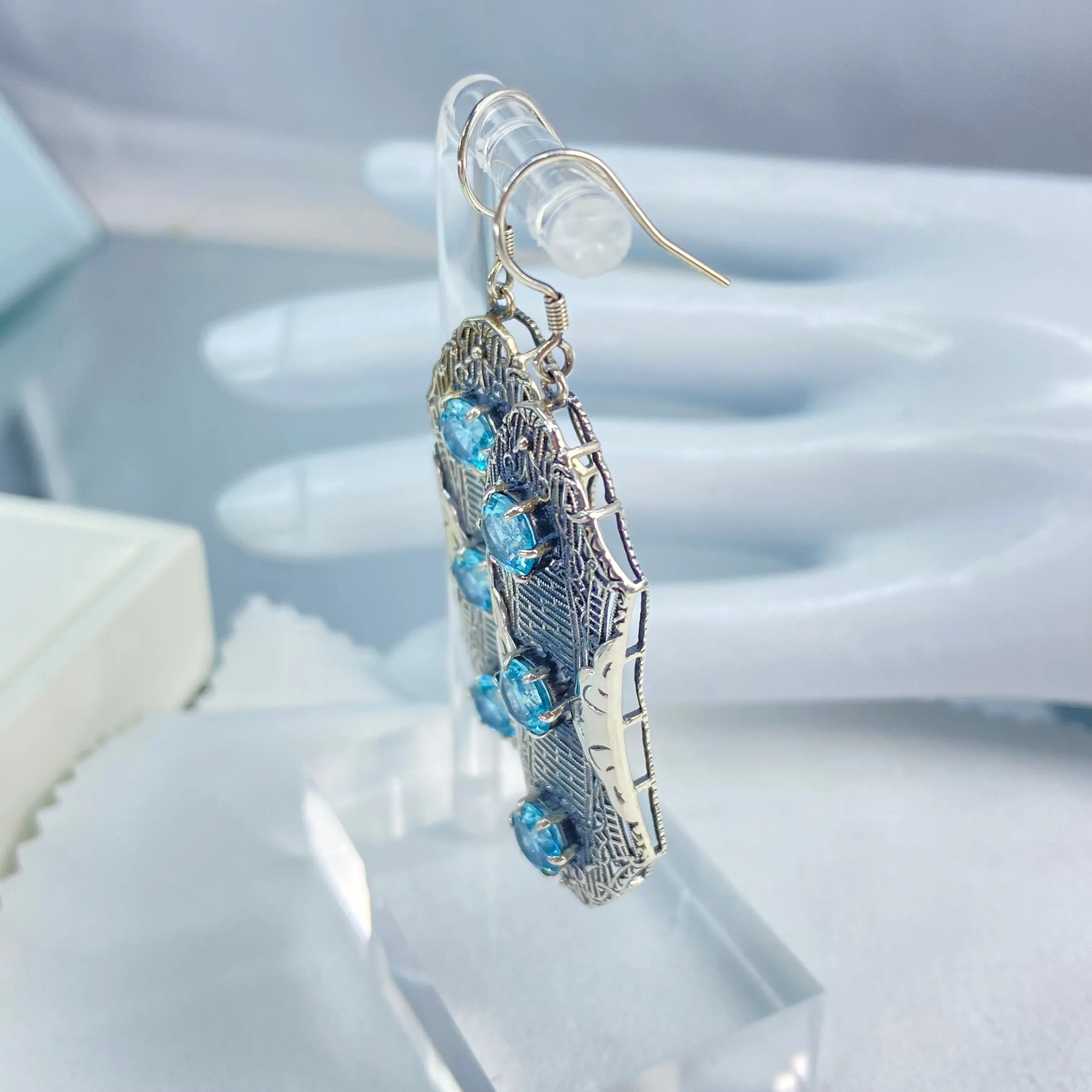 Aquamarine Earrings, Triple Gems, Edwardian Jewelry E42