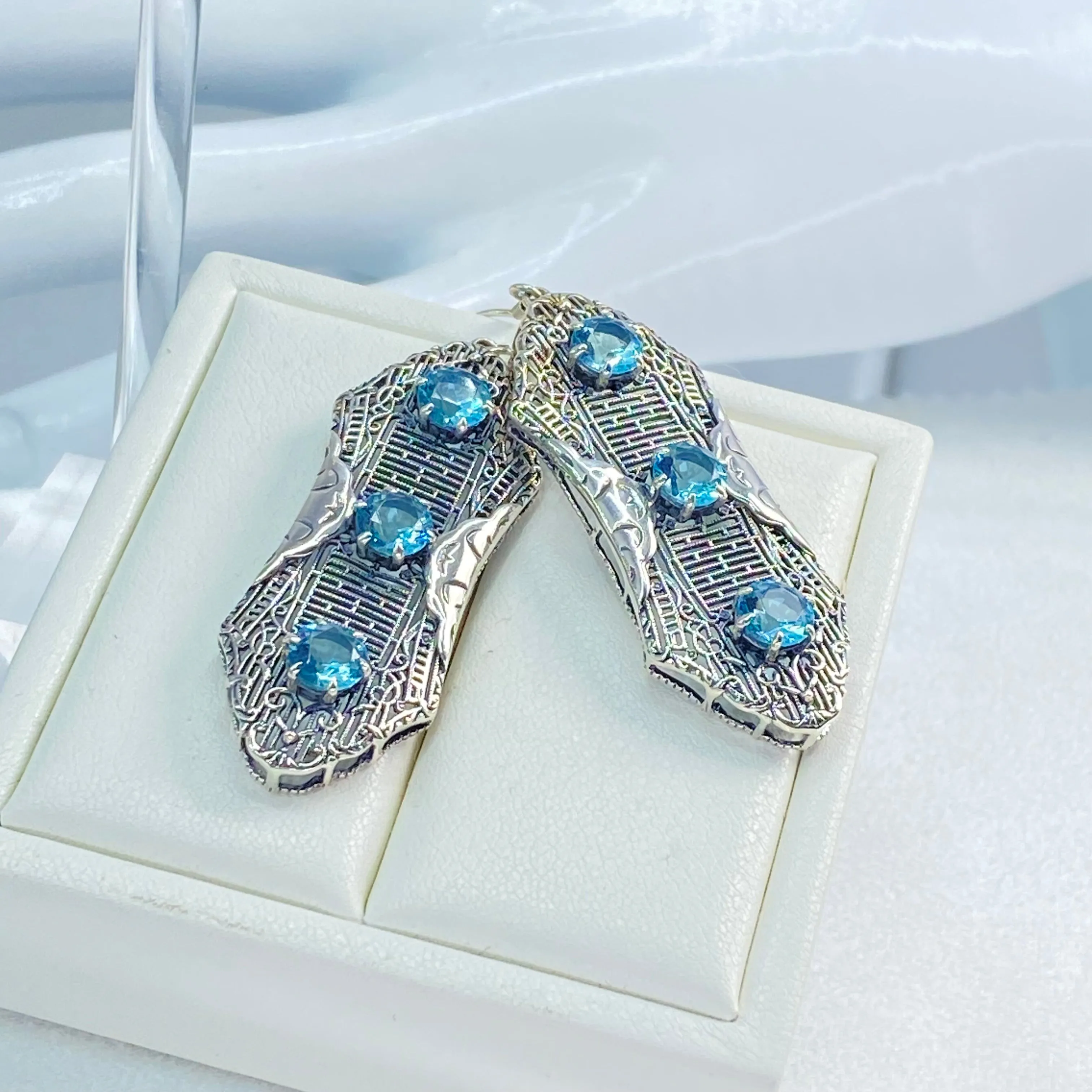 Aquamarine Earrings, Triple Gems, Edwardian Jewelry E42