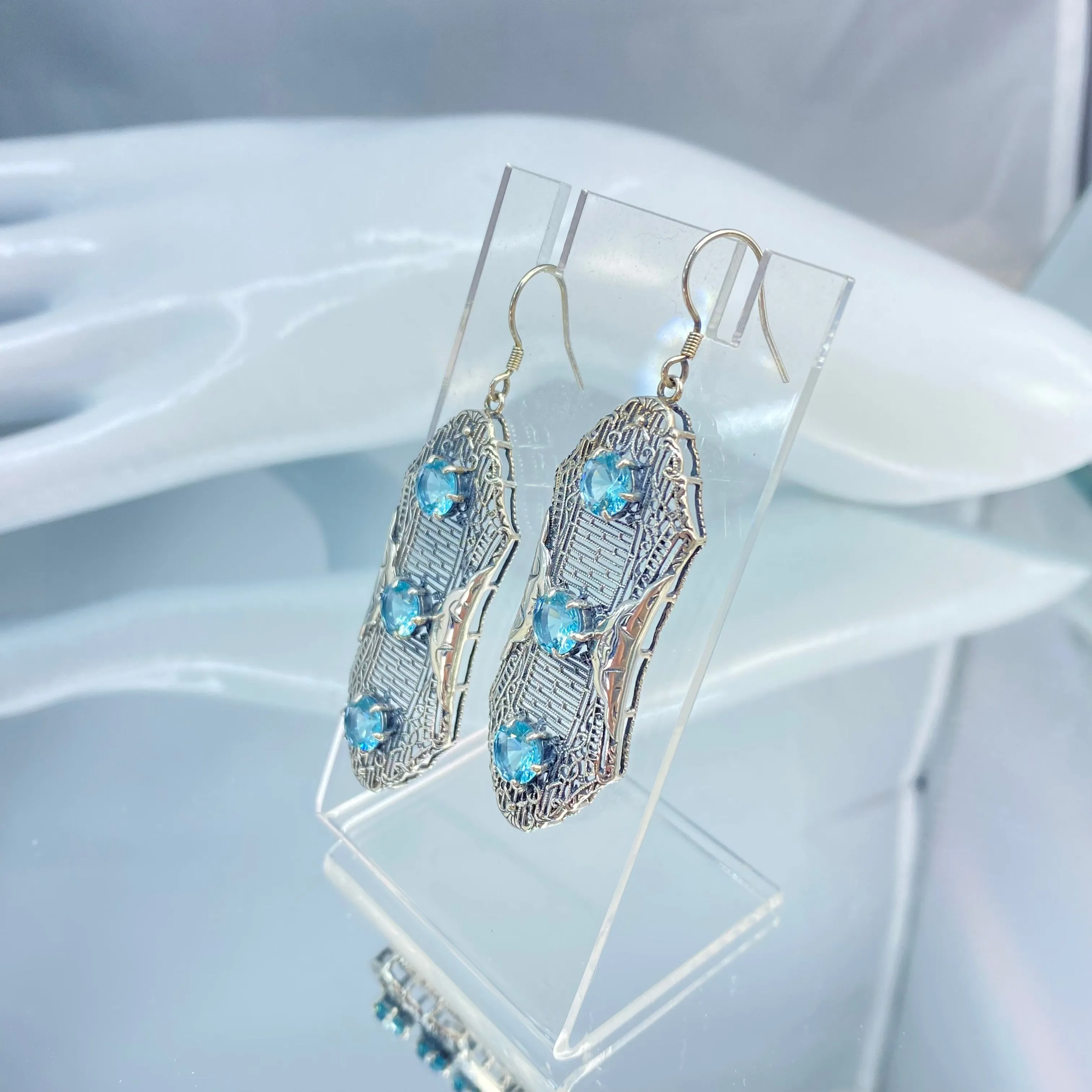 Aquamarine Earrings, Triple Gems, Edwardian Jewelry E42