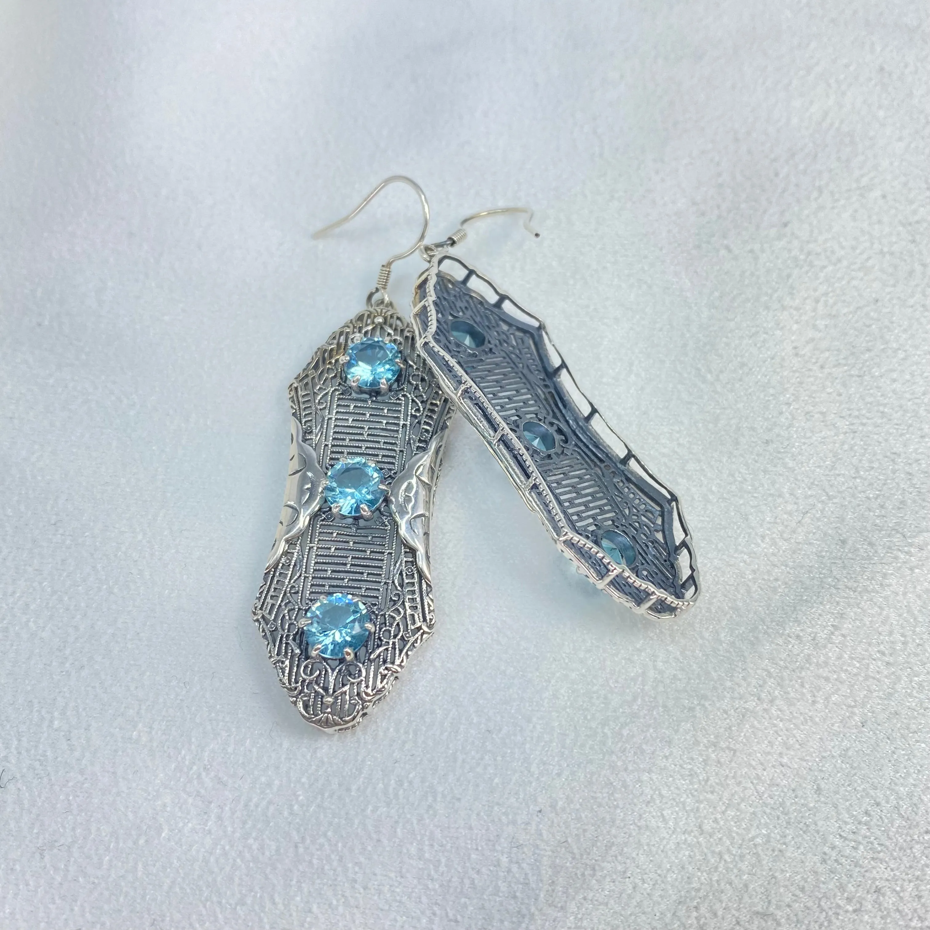 Aquamarine Earrings, Triple Gems, Edwardian Jewelry E42
