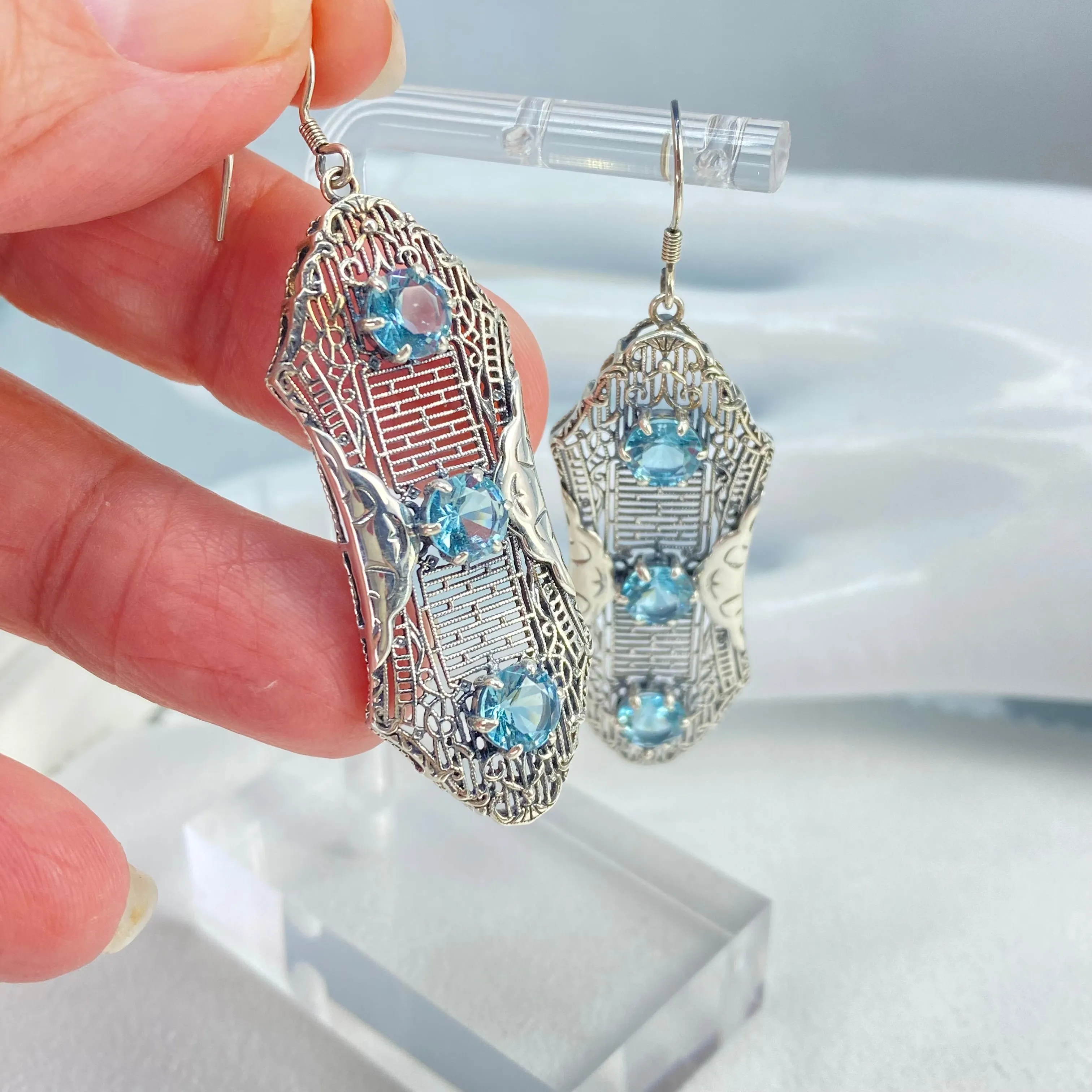Aquamarine Earrings, Triple Gems, Edwardian Jewelry E42