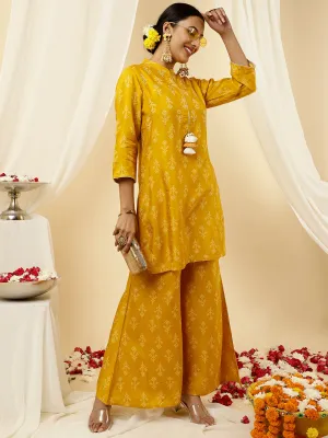 Bandhani Printed Dola Silk Mustard Co-ord Set