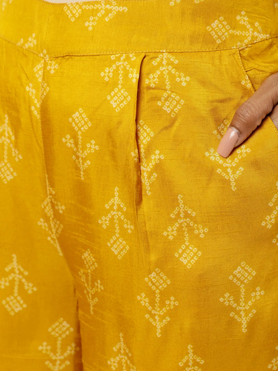 Bandhani Printed Dola Silk Mustard Co-ord Set
