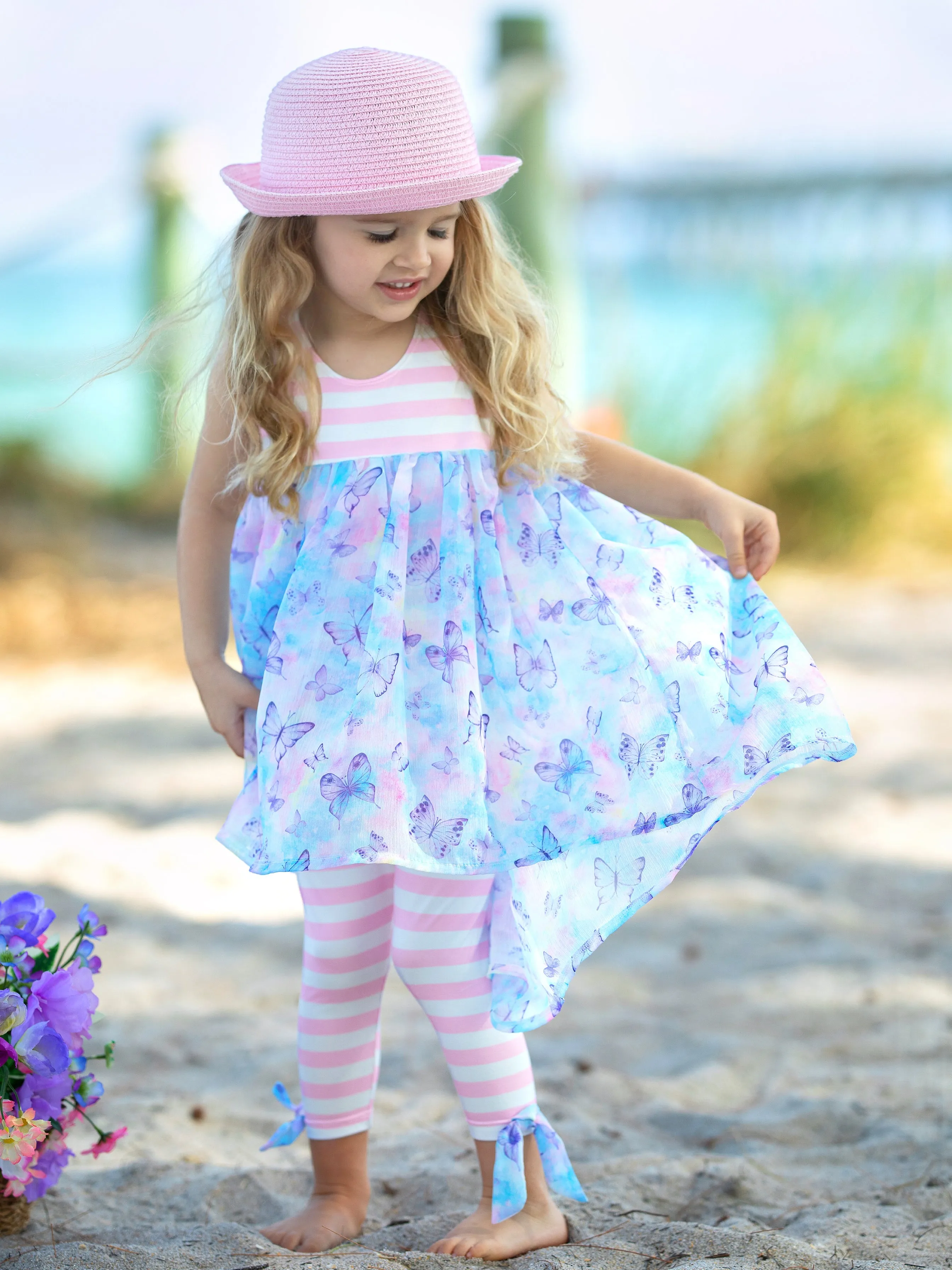 Beachy Butterflies Hi-Lo Tunic and Striped Legging Set
