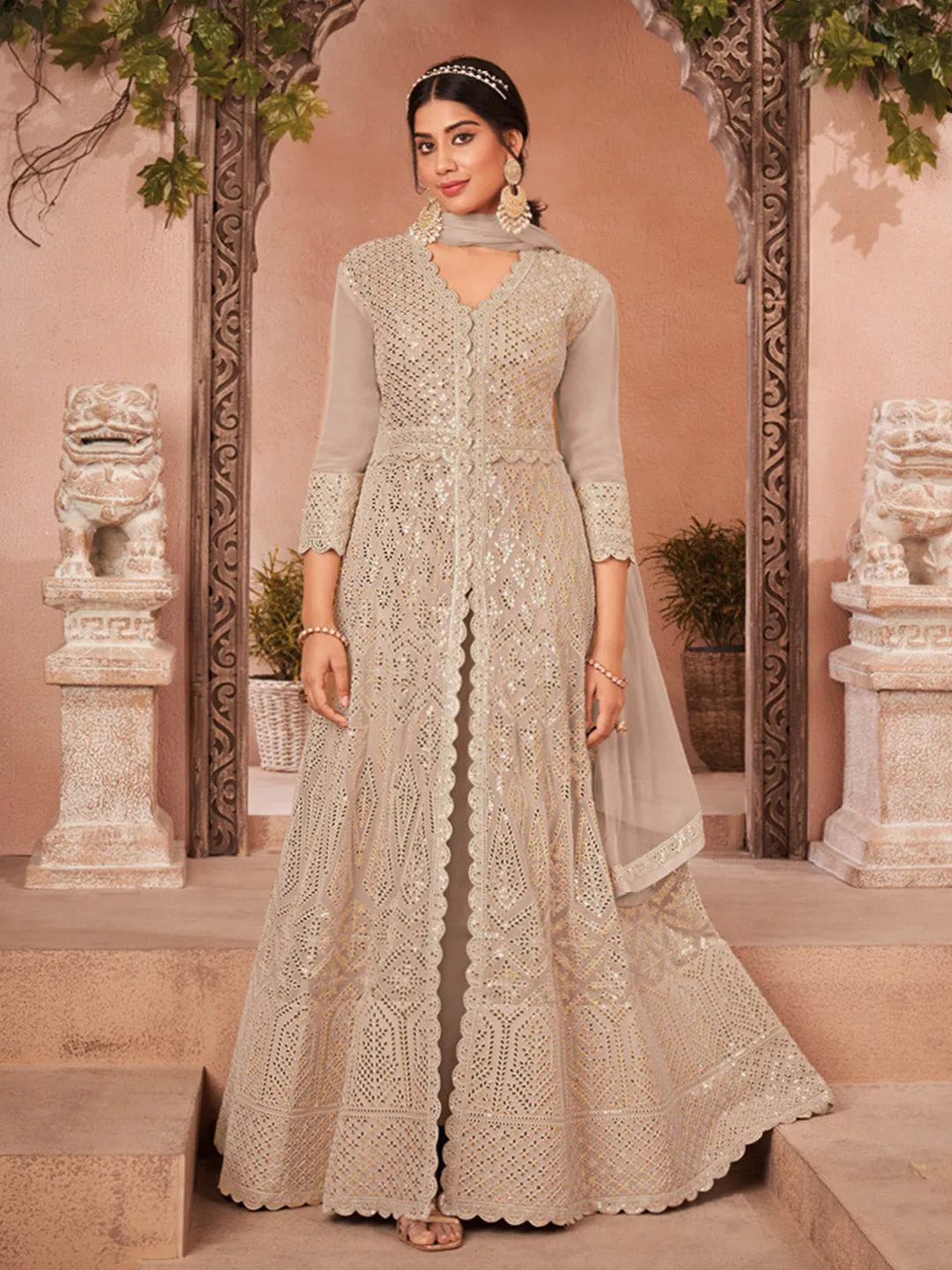 Beautiful Cream Hued Mirror Worked Front Slit Long Suit for Women