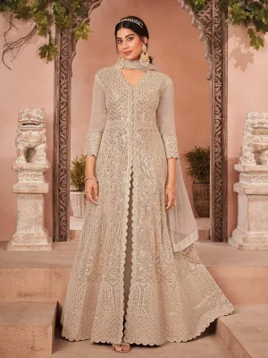 Beautiful Cream Hued Mirror Worked Front Slit Long Suit for Women
