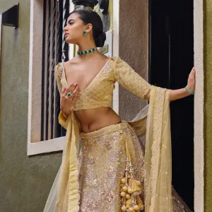 Beautiful Yellow Net and Silk Sequined Lehenga