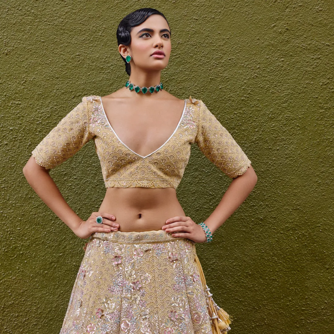 Beautiful Yellow Net and Silk Sequined Lehenga