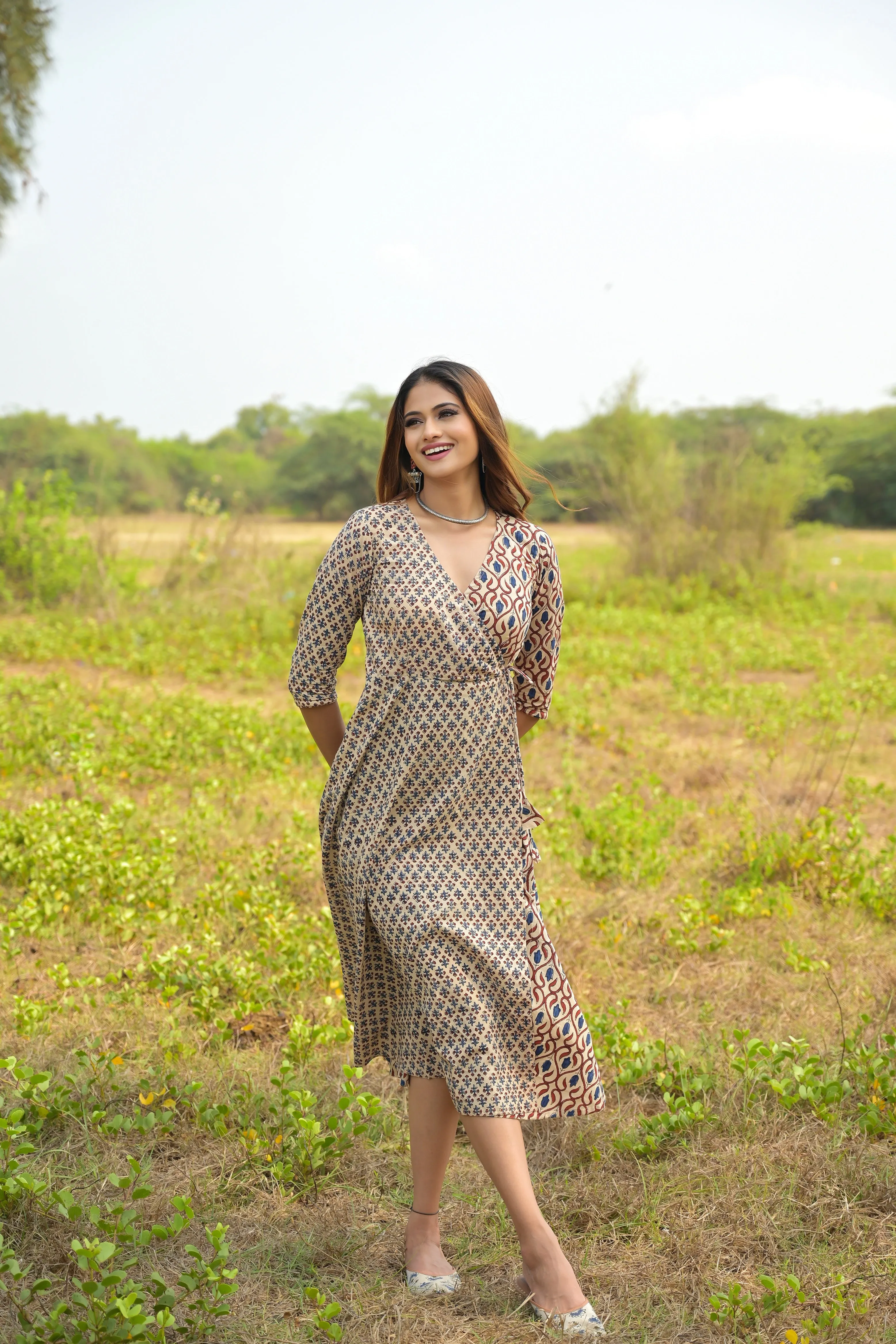 Beige 'Blissful' Multiprint Cotton Angrakha Dress