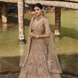 Beige Bridal Lehenga with Pink Thread Work