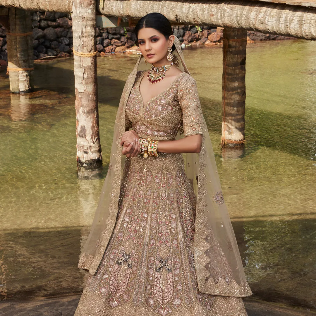 Beige Bridal Lehenga with Pink Thread Work