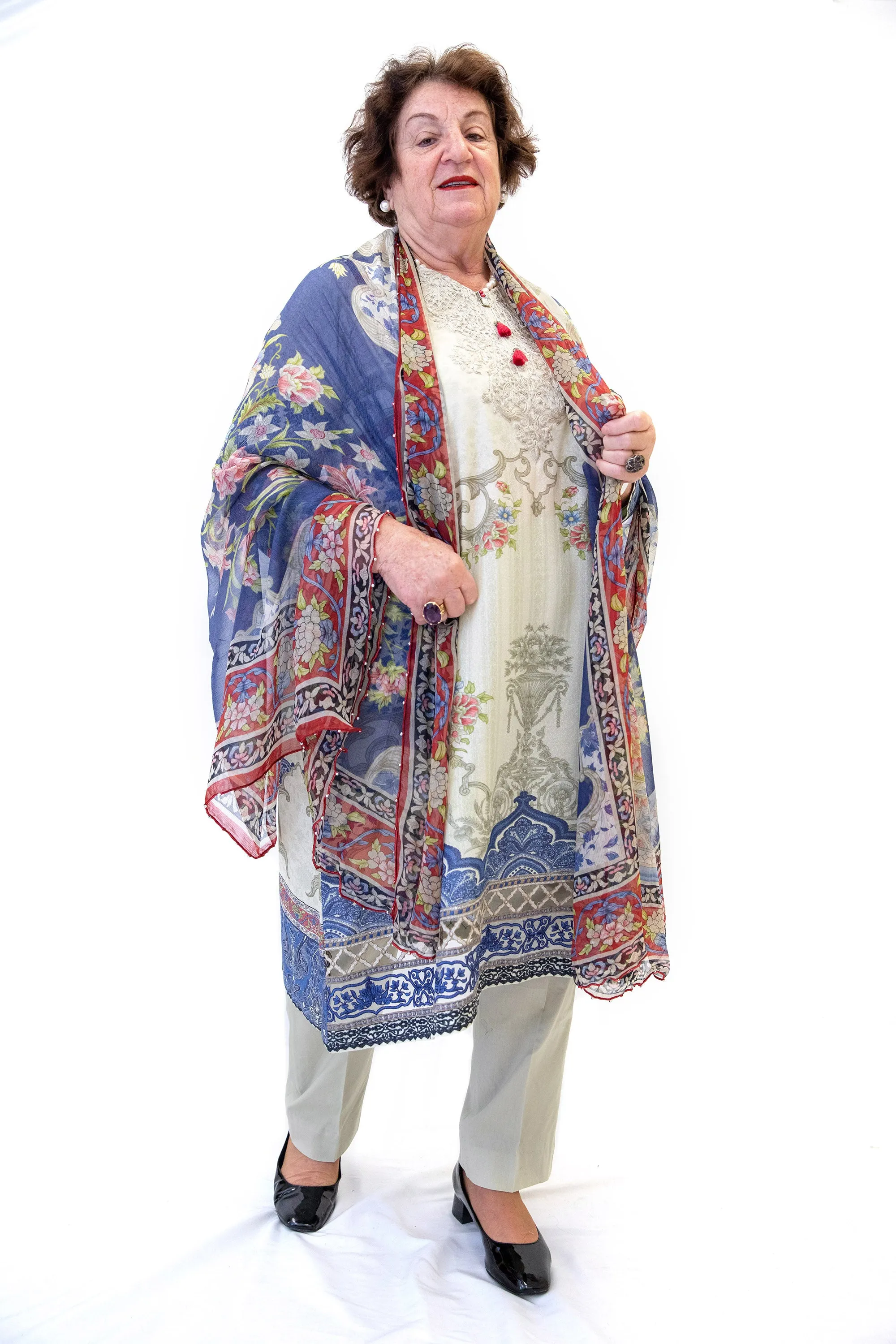 Beige Cotton Lawn Suit - Blue Print Design