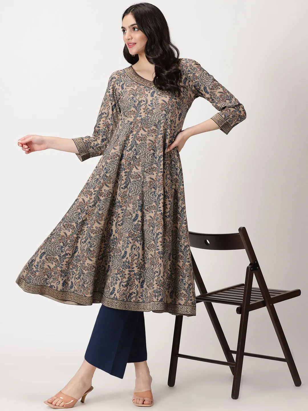 Beige Ethnic Floral Print Anarkali Kurta with Brocade Lace Details