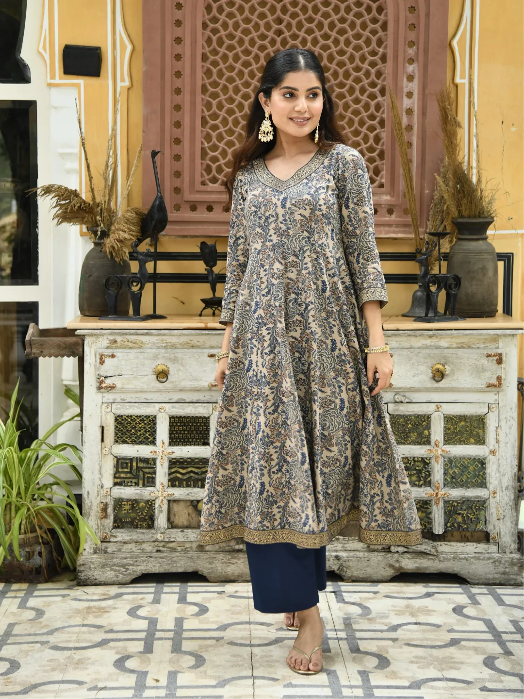 Beige Ethnic Floral Print Anarkali Kurta with Brocade Lace Details