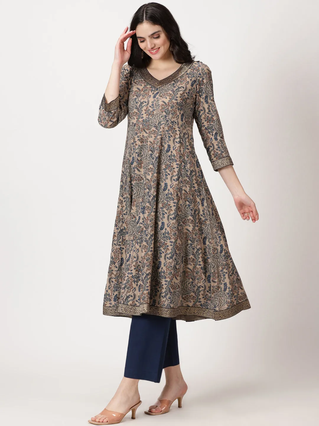 Beige Ethnic Floral Print Anarkali Kurta with Brocade Lace Details
