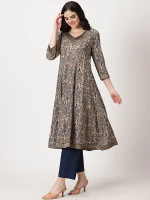Beige Ethnic Floral Print Anarkali Kurta with Brocade Lace Details
