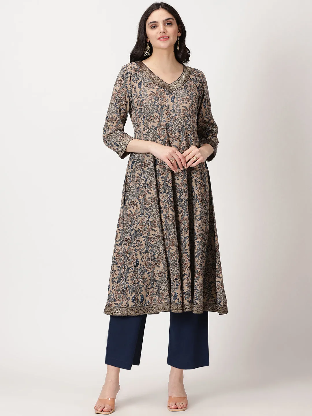 Beige Ethnic Floral Print Anarkali Kurta with Brocade Lace Details