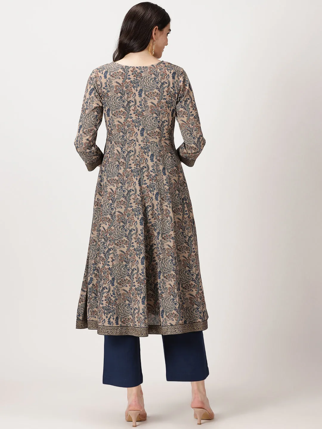 Beige Ethnic Floral Print Anarkali Kurta with Brocade Lace Details