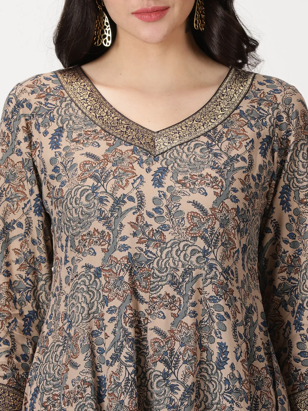 Beige Ethnic Floral Print Anarkali Kurta with Brocade Lace Details