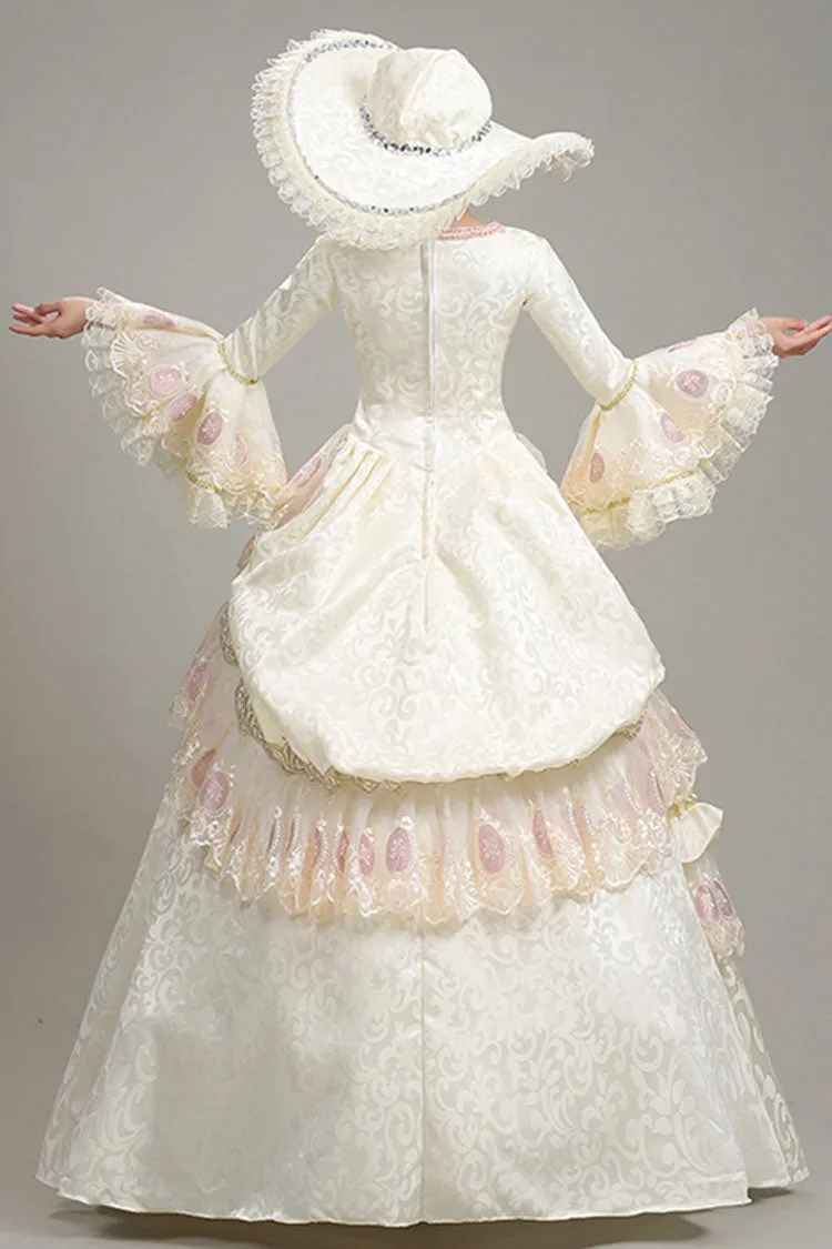 Beige Hime Sleeves High Waisted Lace Stitching Hollow Floral Print Ruffled Multi-Layer Victorian Lolita Prom Tiered Dress