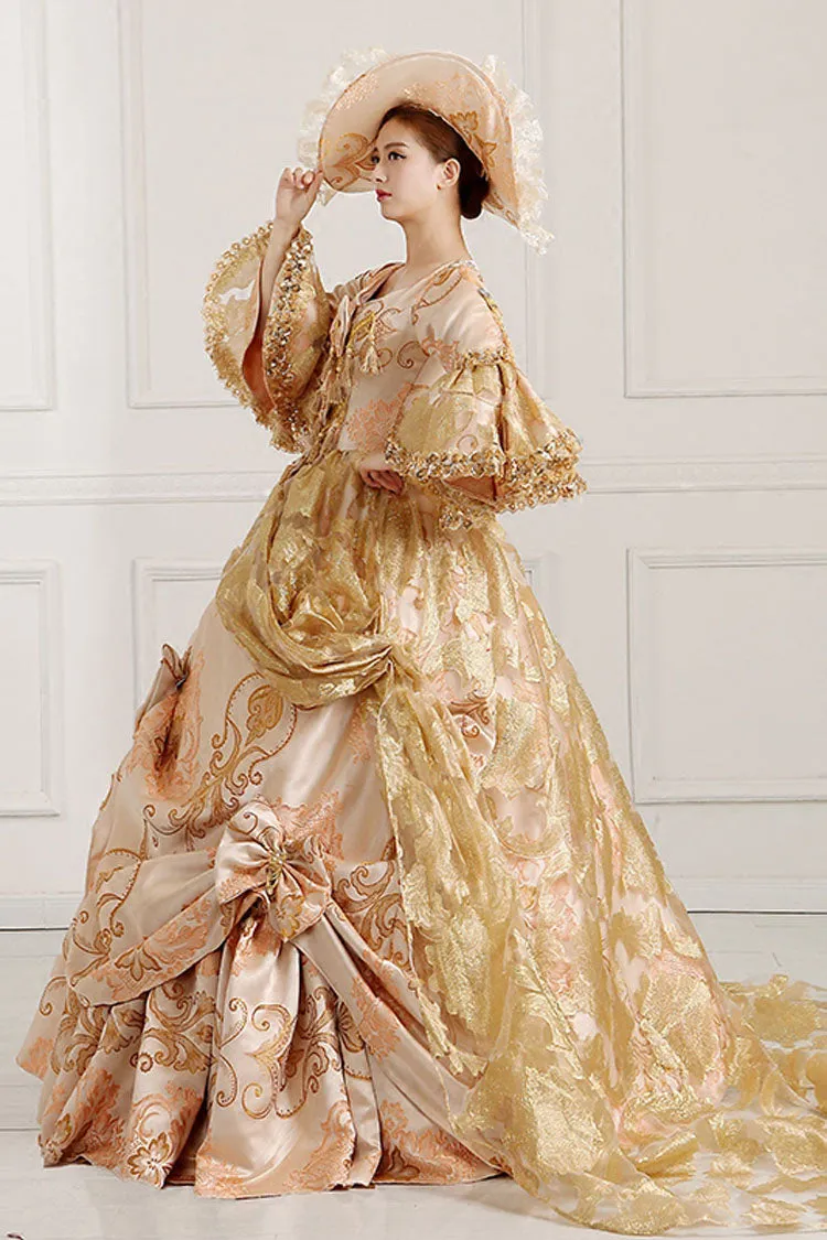 Beige/Golden Trumpet Sleeves High Waisted Embroidery Print Bowknot Multi-Layer Victorian Lolita Prom Dress