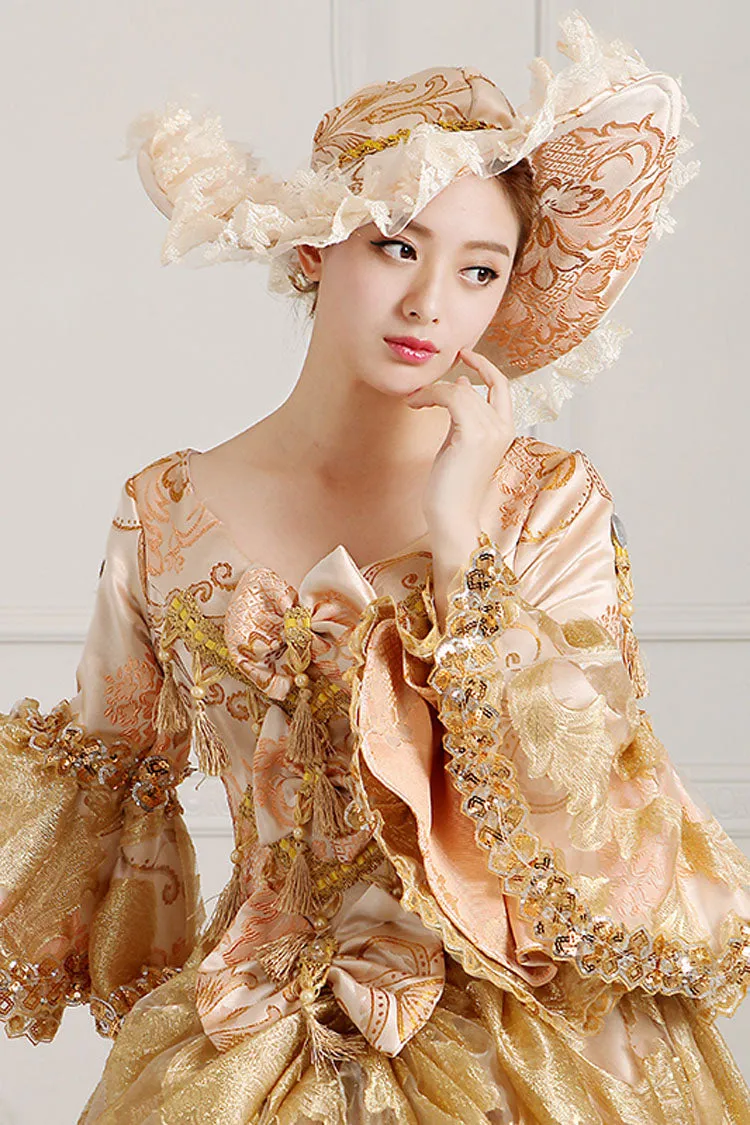 Beige/Golden Trumpet Sleeves High Waisted Embroidery Print Bowknot Multi-Layer Victorian Lolita Prom Dress