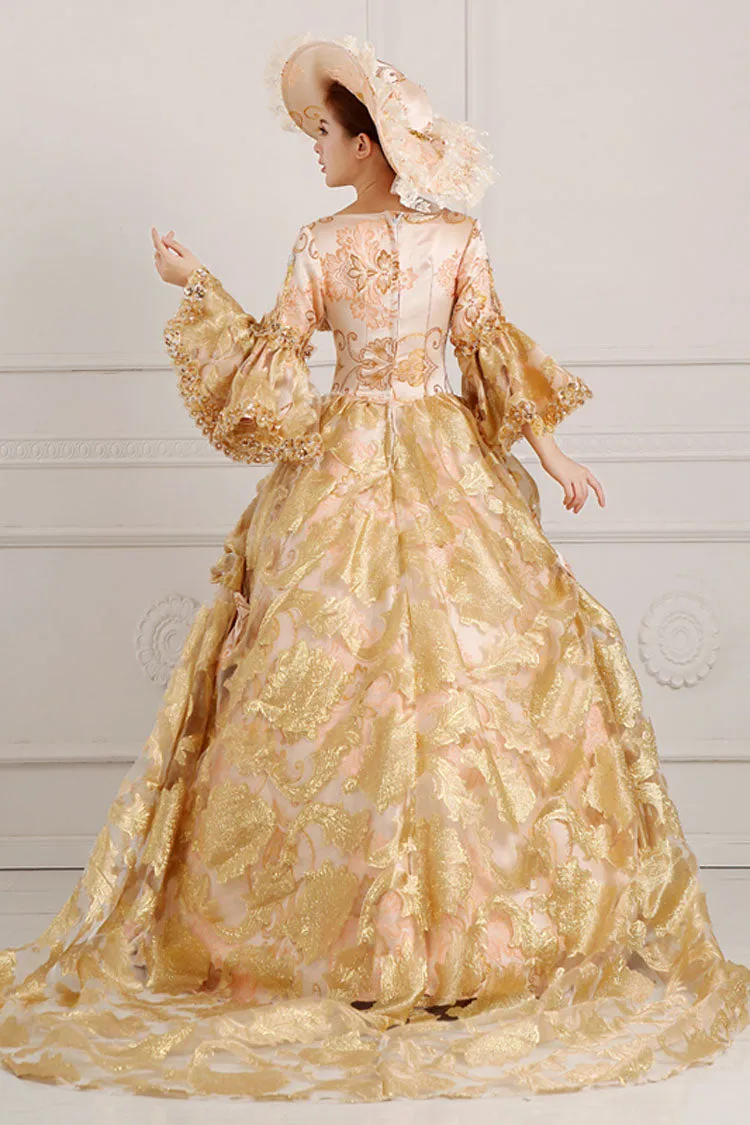 Beige/Golden Trumpet Sleeves High Waisted Embroidery Print Bowknot Multi-Layer Victorian Lolita Prom Dress