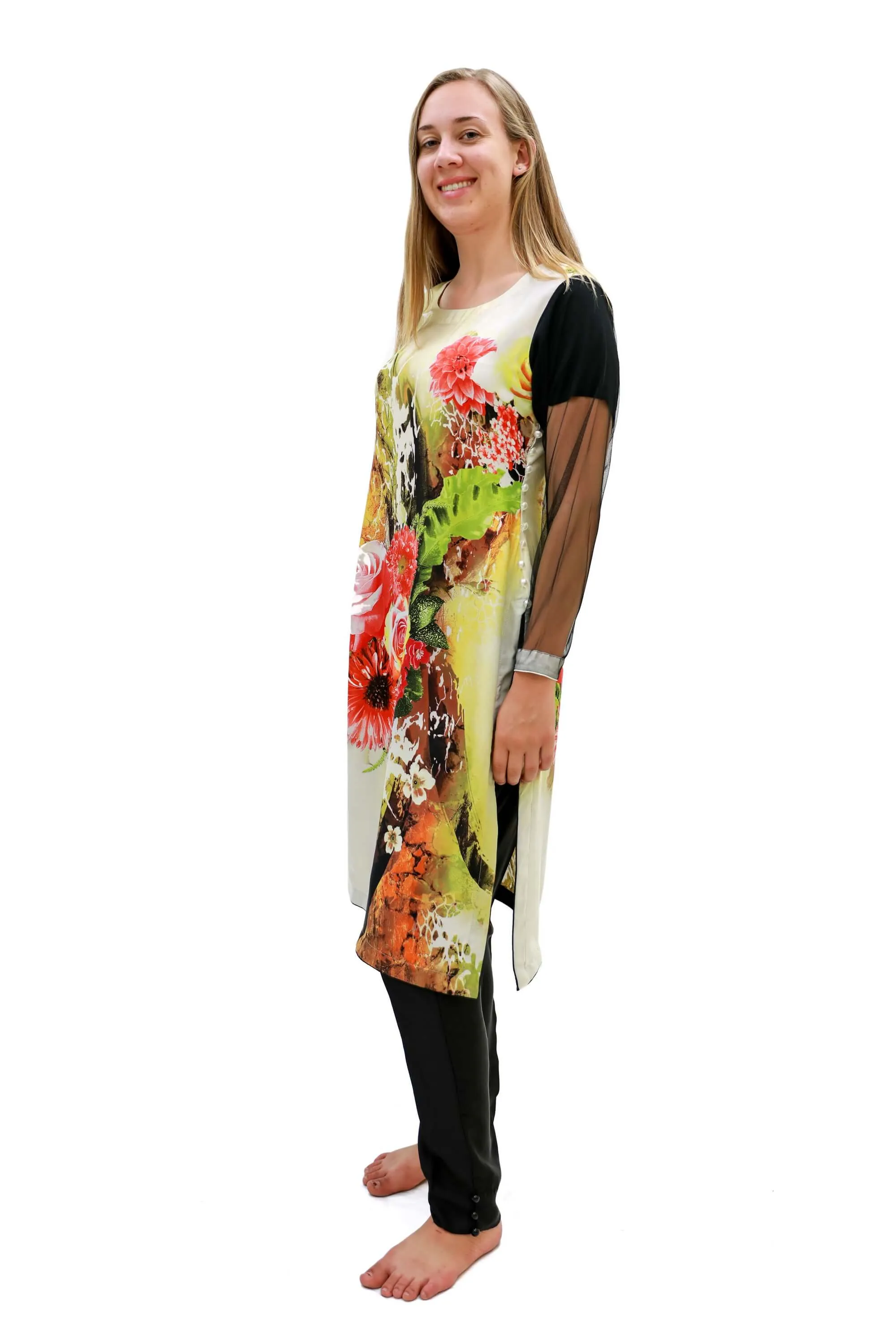 Black & White Silk Floral Suit