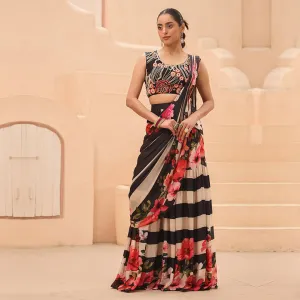 Black And White Strips Ready-to-wear Saree with Red Floral