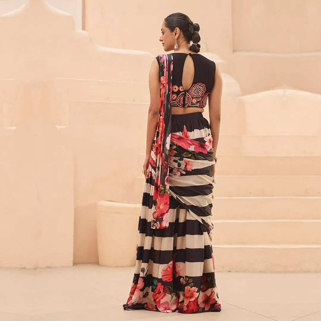 Black And White Strips Ready-to-wear Saree with Red Floral