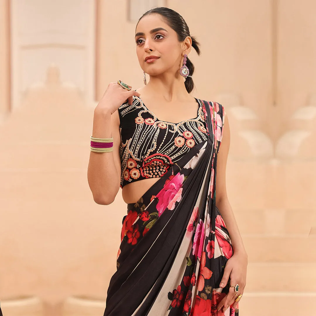 Black And White Strips Ready-to-wear Saree with Red Floral