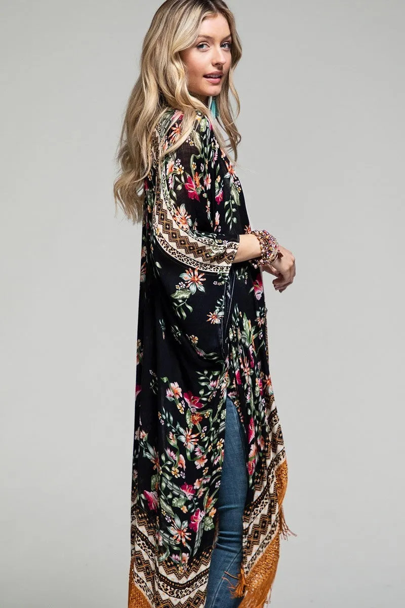 Black Floral Kimono Duster with Tassel