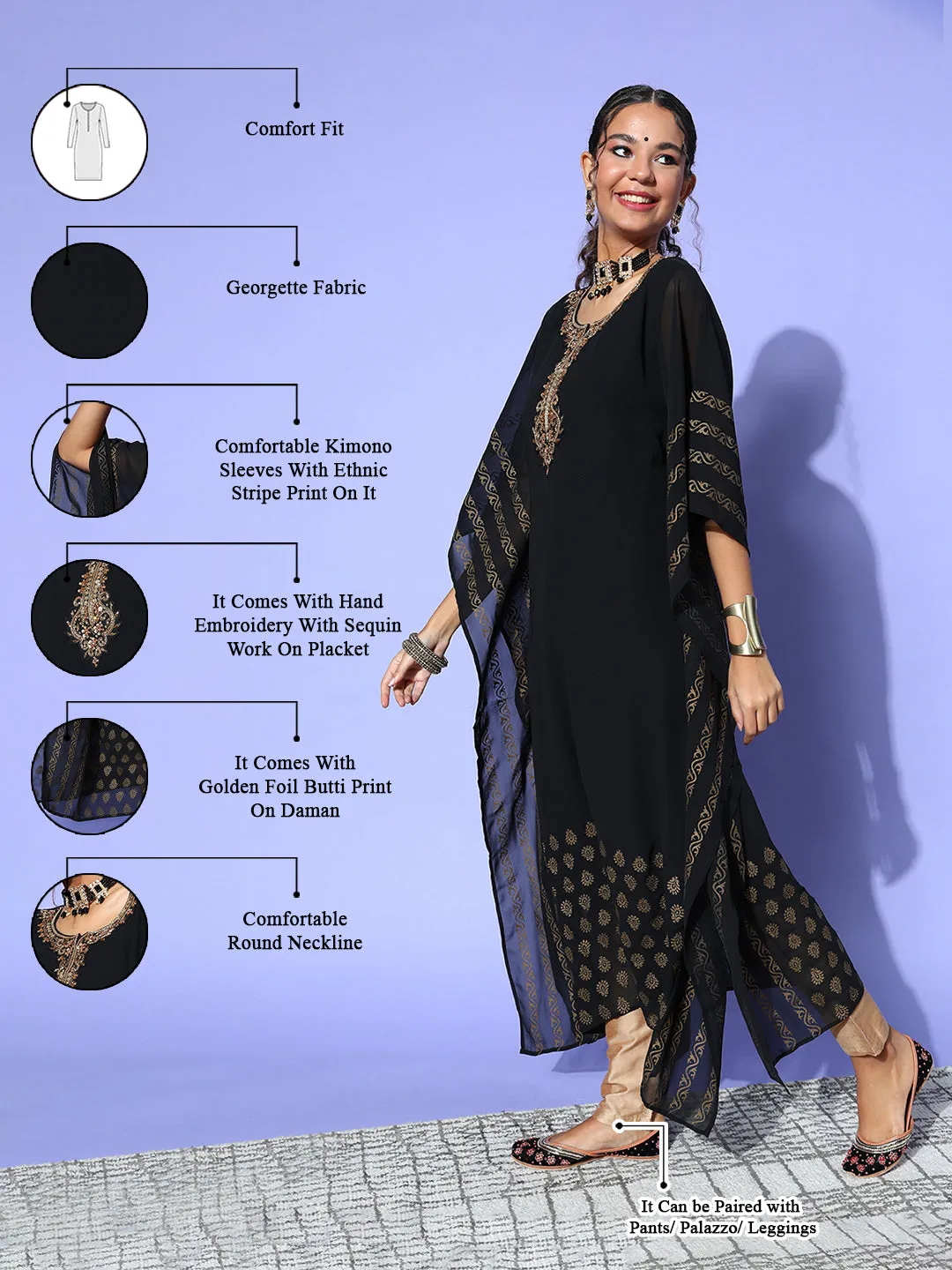 Black Round Neck Kimono Sleeve hand embroidery Ethnic Wear Kaftan for Women - ZOLA