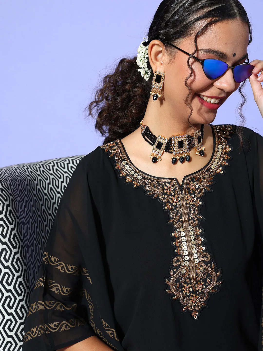 Black Round Neck Kimono Sleeve hand embroidery Ethnic Wear Kaftan for Women - ZOLA