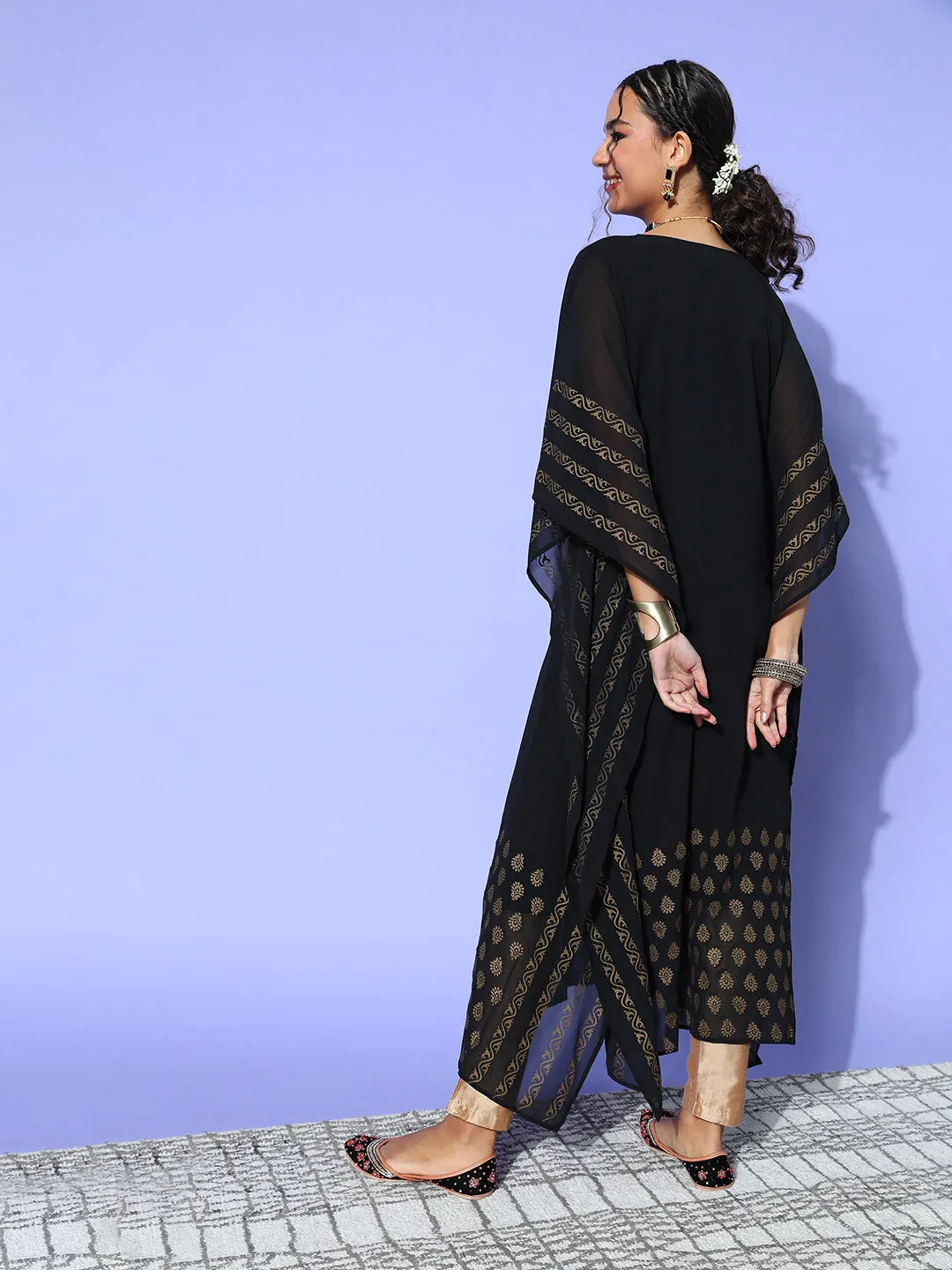 Black Round Neck Kimono Sleeve hand embroidery Ethnic Wear Kaftan for Women - ZOLA