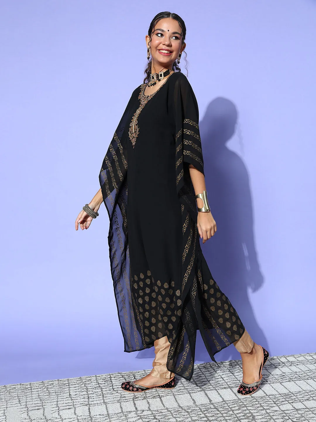 Black Round Neck Kimono Sleeve hand embroidery Ethnic Wear Kaftan for Women - ZOLA
