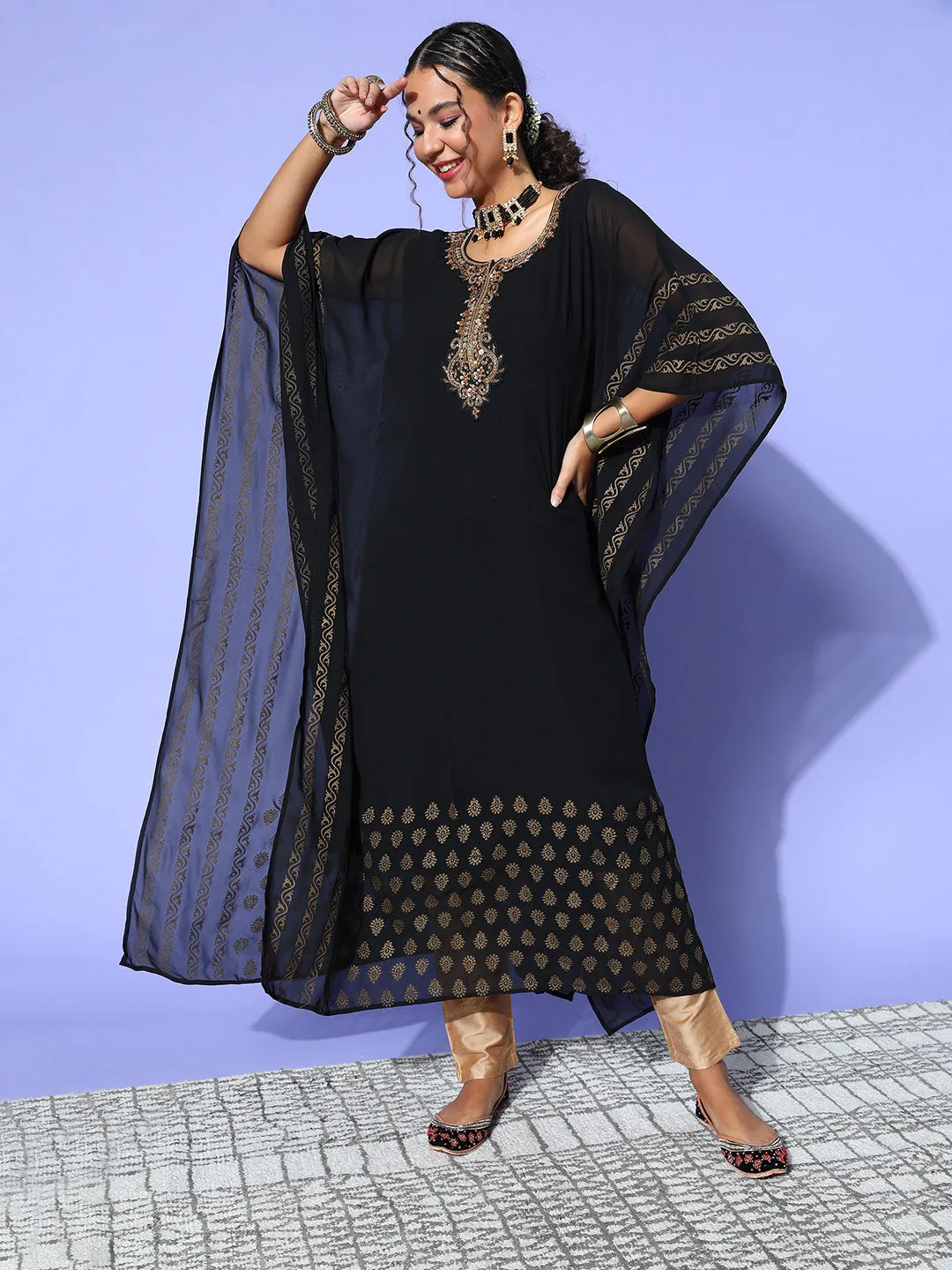 Black Round Neck Kimono Sleeve hand embroidery Ethnic Wear Kaftan for Women - ZOLA