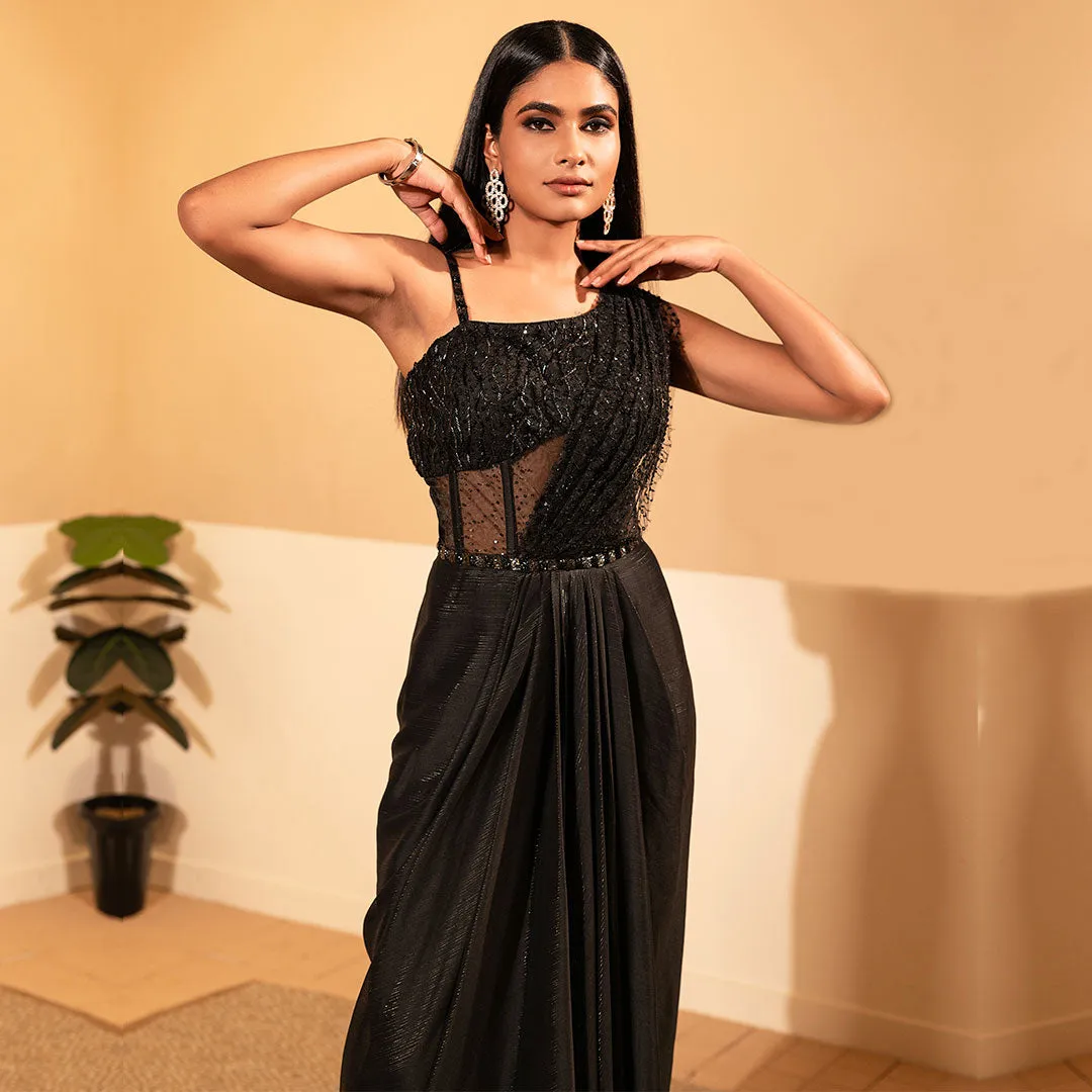 Black Sequinned Indo-Western Ready-to-wear Saree