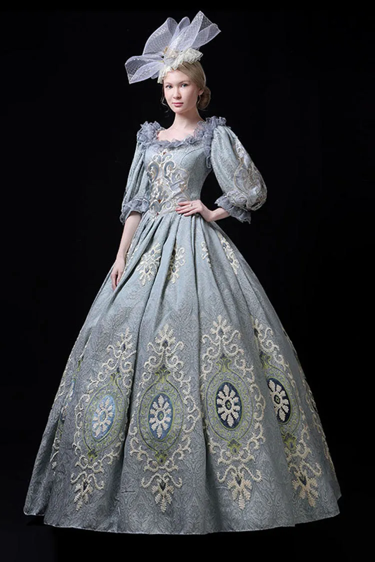 Blue Boat Neck Half Sleeves High Waisted Hollow Embroidery Floral Print Victorian Lolita Prom Dress