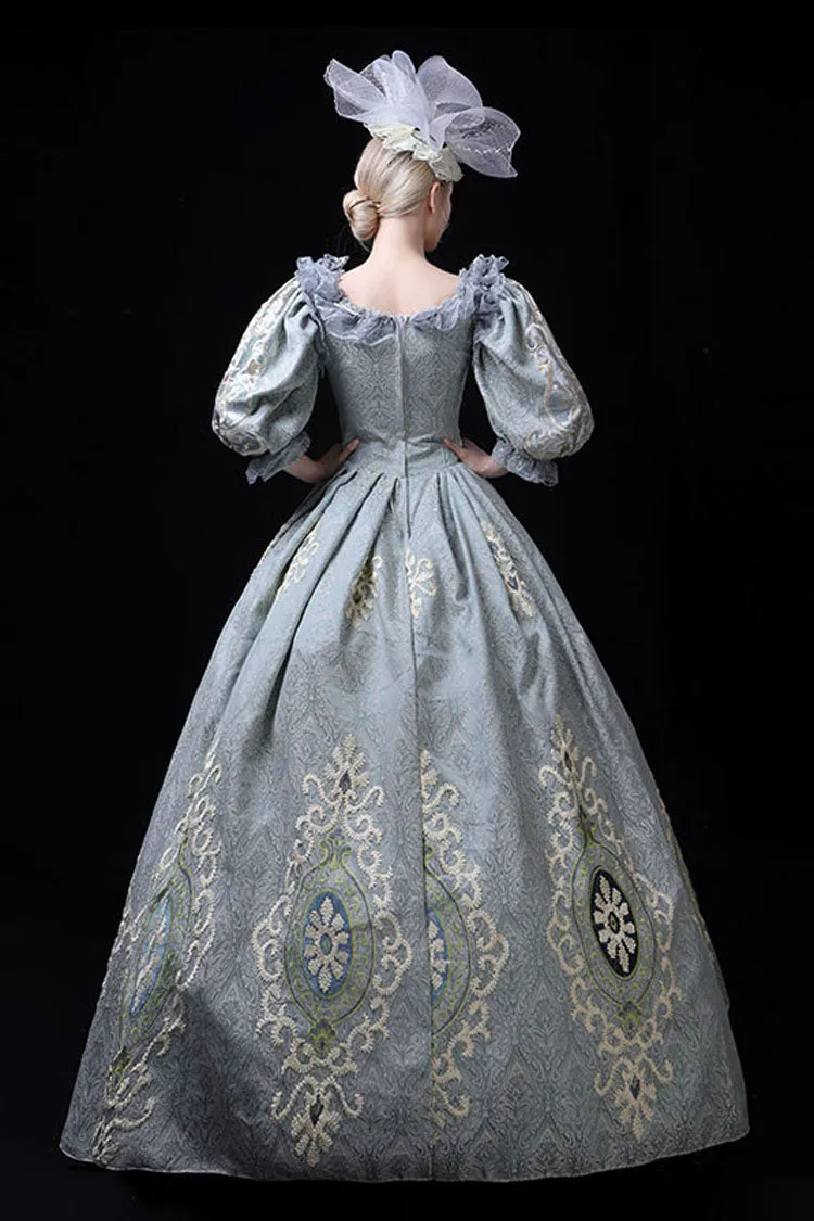 Blue Boat Neck Half Sleeves High Waisted Hollow Embroidery Floral Print Victorian Lolita Prom Dress