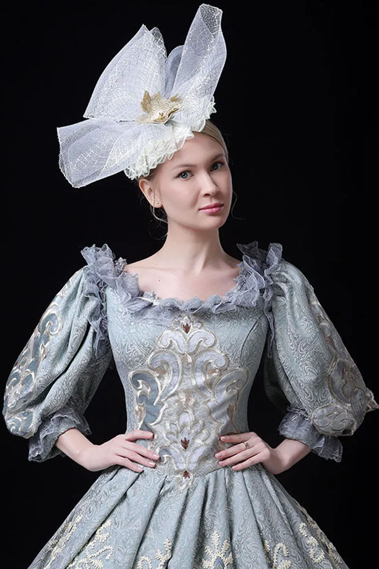 Blue Boat Neck Half Sleeves High Waisted Hollow Embroidery Floral Print Victorian Lolita Prom Dress