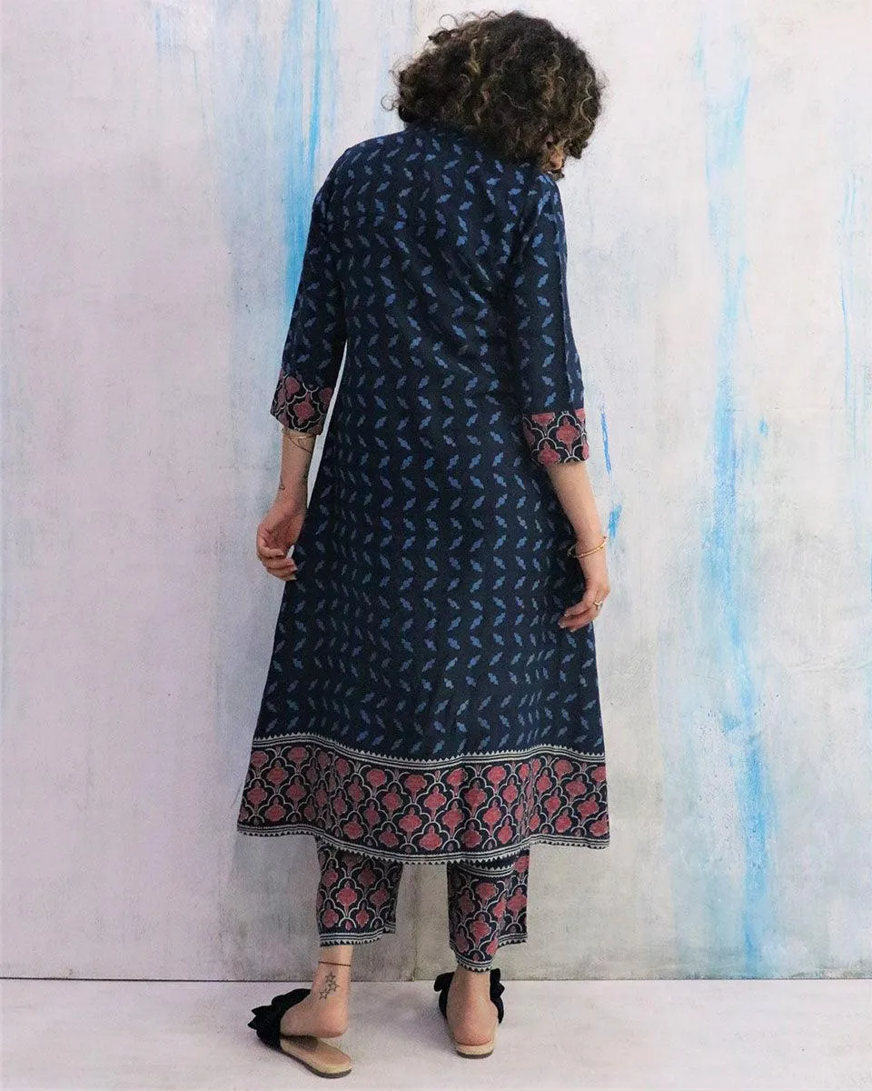 Blue Border Block Print Cotton Kurta Set Of 2- Wbs