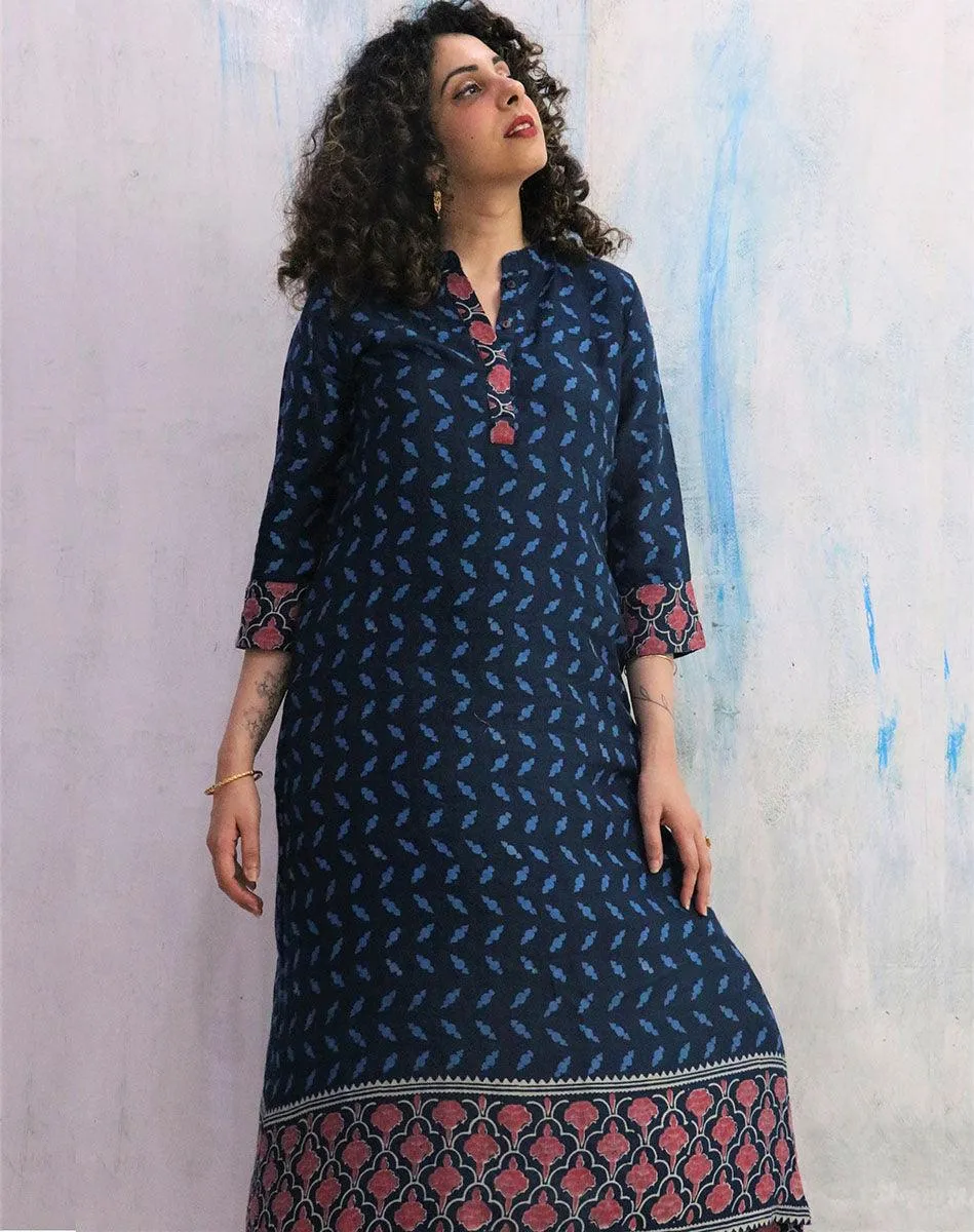 Blue Border Block Print Cotton Kurta Set Of 2- Wbs