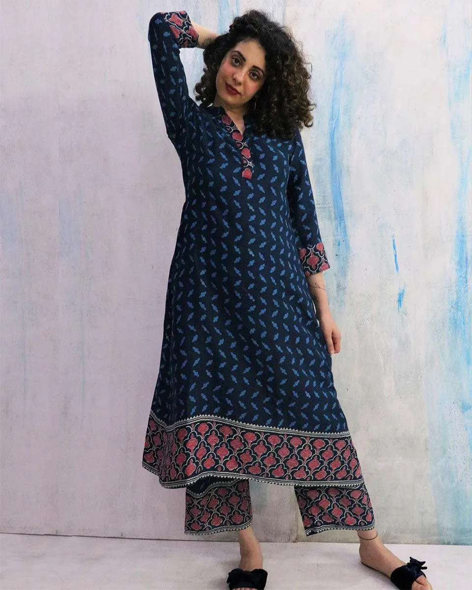 Blue Border Block Print Cotton Kurta Set Of 2- Wbs