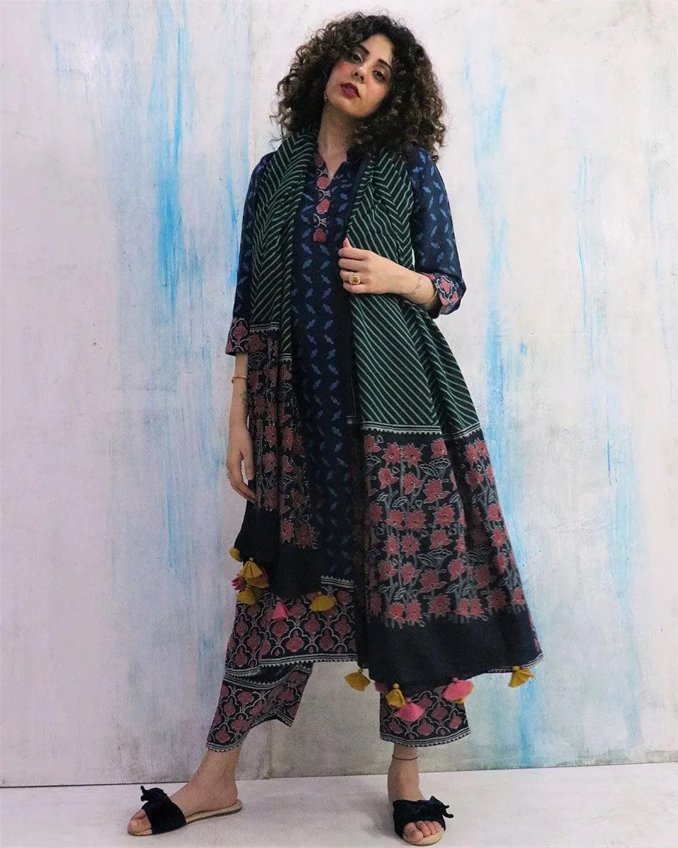 Blue Border Block Print Cotton Kurta Set Of 2- Wbs