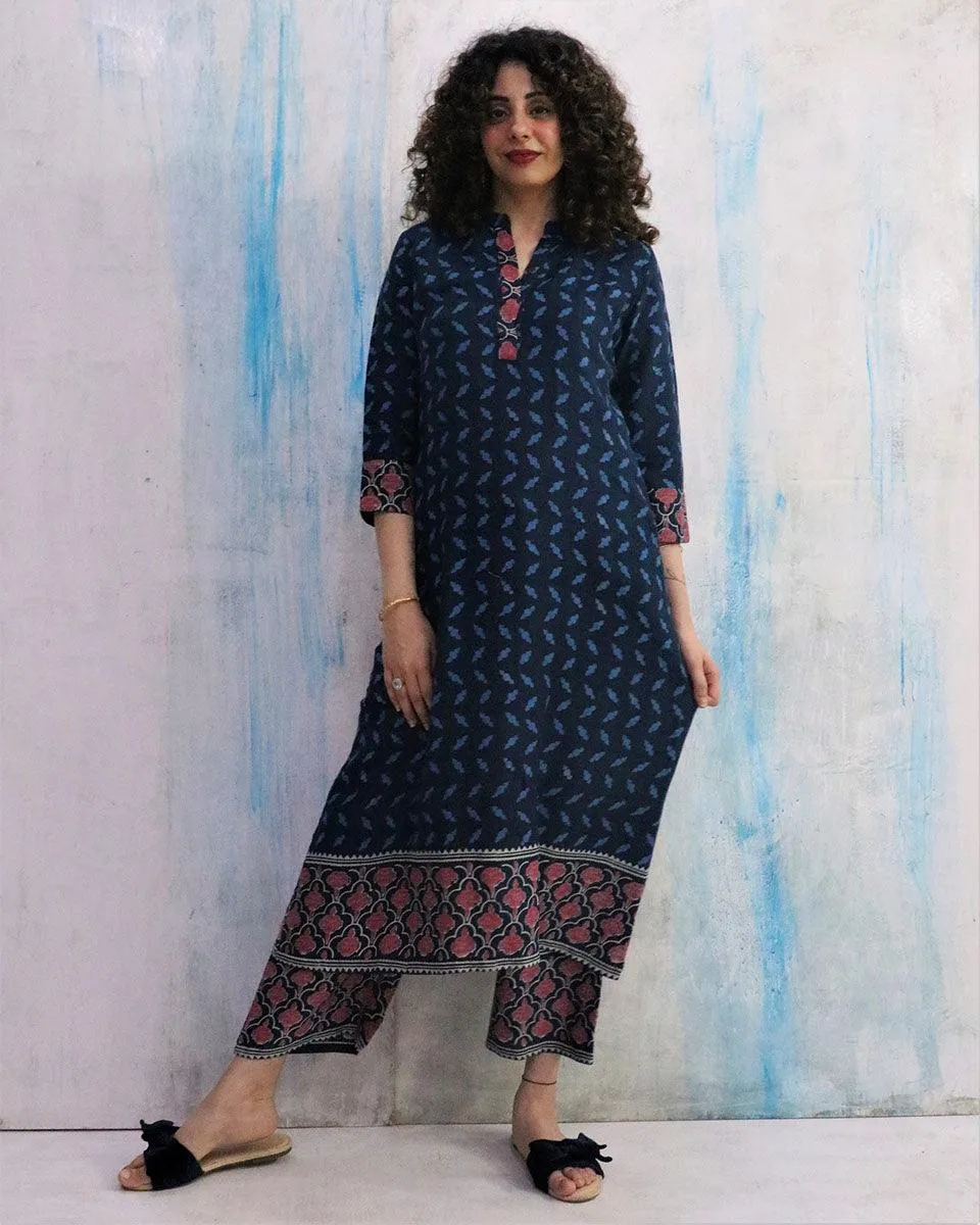 Blue Border Block Print Cotton Kurta Set Of 2- Wbs