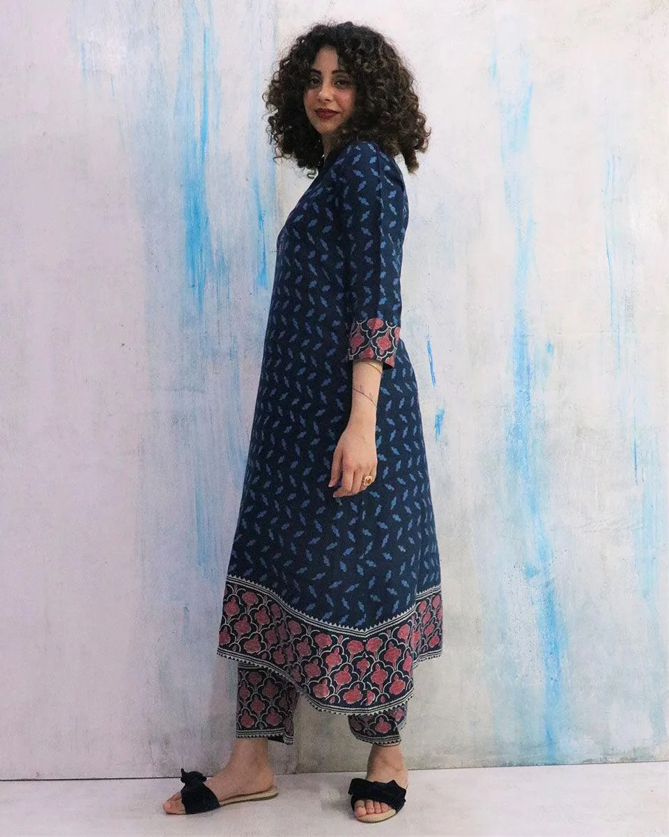 Blue Border Block Print Cotton Kurta Set Of 2- Wbs