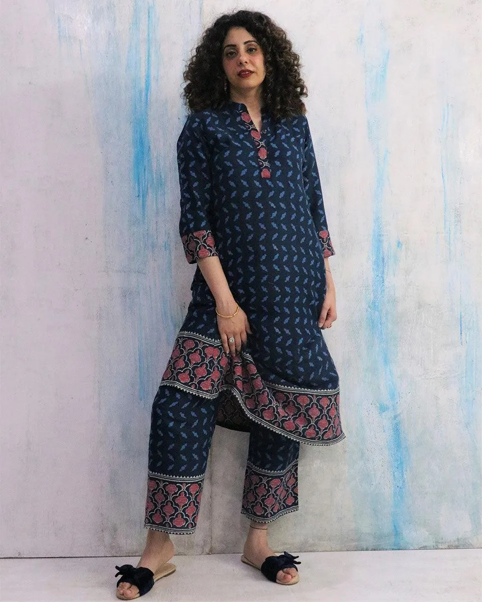 Blue Border Block Print Cotton Kurta Set Of 2- Wbs