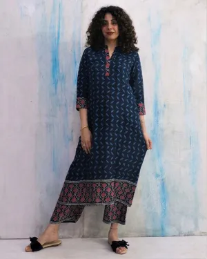 Blue Border Block Print Cotton Kurta Set Of 2- Wbs
