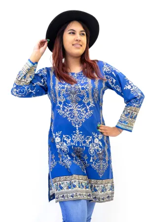 Blue Cotton Print Kurti - Shirt